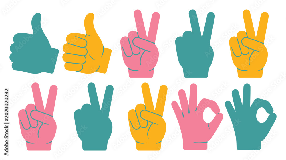 Fototapeta premium Hand gestures collection thumbs up and peace sign symbols on transparent background, high quality professional gesture icons, approval and positivity signs, vector illustration eps 10.