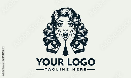 Quadro su tela Surprised Woman Retro Style Vector Logo Illustration for Beauty and Fashion Bran