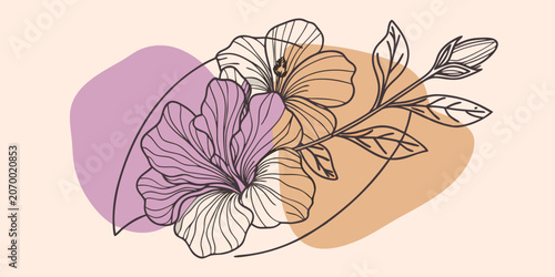 Minimalist line art hibiscus flower on abstract shapes with hibiscus botanical minimalist abstract illustration artistic creative decorative composition background stationary branding