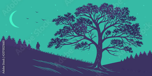 Illustration of a solitary person walking past a large tree at night with landscape silhouette illustration outdoors crescent peaceful solitude minimalist creative contrast mysterious
