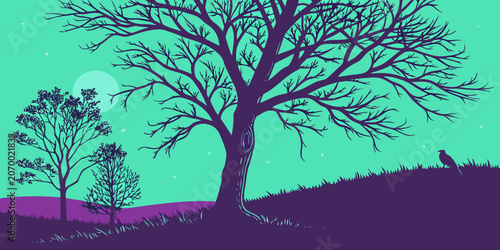 Graphic illustration of trees on a grassy hill under the moonlit sky with landscape illustration outdoors crescent peaceful solitude minimalist creative contrast mysterious environment
