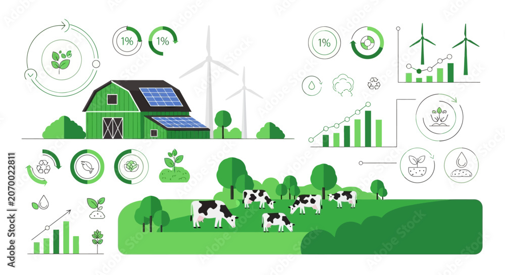 Fototapeta premium Sustainable agriculture infographic with cows and farm.