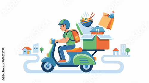 A delivery person rides a scooter with food and packages through a neighborhood