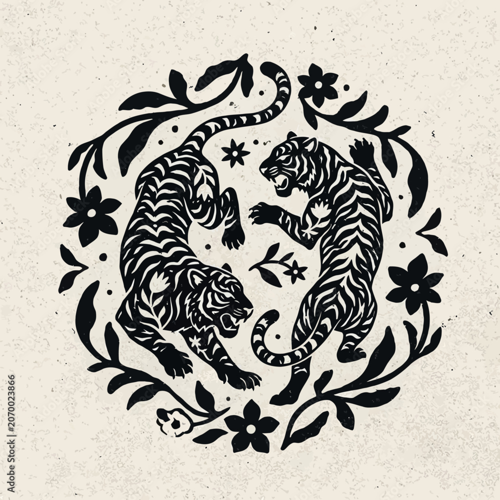 Fototapeta premium Two black tigers in circular floral.