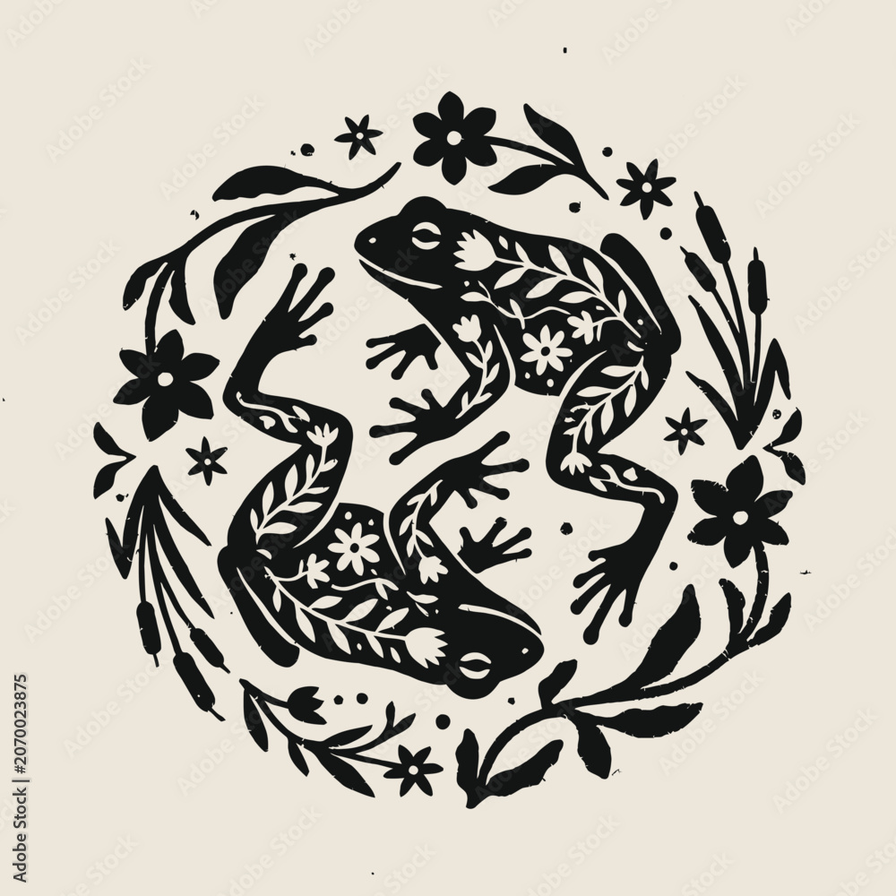 Fototapeta premium Two frogs in floral design pattern.