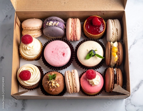 flat lay food photography of beautiful arrangement of desserts in a box