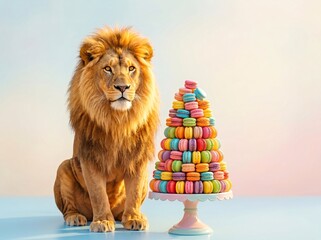A majestic male lion sitting calmly next to a tall and delicious tower of colorful french macarons on a cake stand against a soft pastel gradient background in a studio photography setting