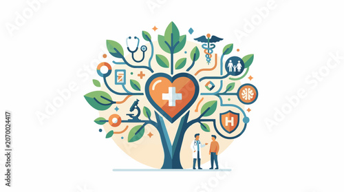 A colorful tree with a heart and medical symbols surrounds a doctor and patient