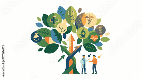 A colorful tree with medical symbols and two people at the base