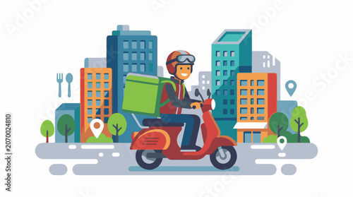 A delivery person rides a red scooter through a city