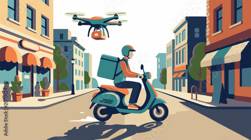 A delivery person rides a scooter down a city street with a drone flying overhead