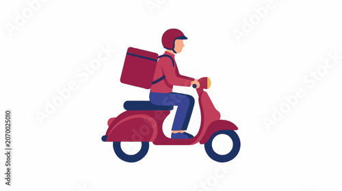 A delivery person rides a red scooter