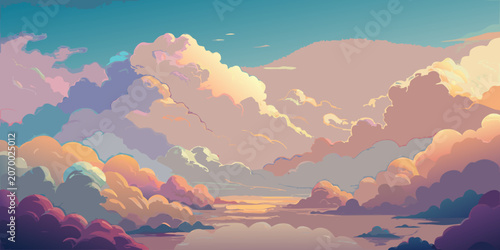 Sunset sky illustration with layered clouds and warm tones illustration atmosphere twilight landscape ethereal colorful gradient artistic wallpaper background abstract tranquil peaceful
