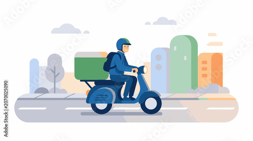 A delivery person rides a scooter down a city street with buildings