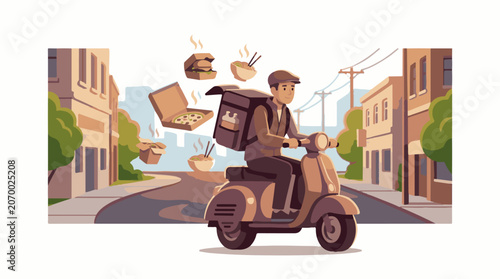 A delivery person rides a scooter down a city street with food