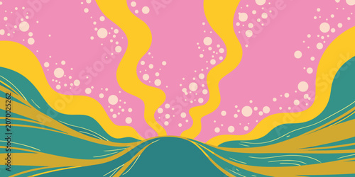 Abstract landscape graphic with flowing waves and bubbling bubbles landscape abstract illustration colorful background stylized decorative wallpaper creative artistic whimsical movement