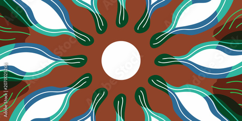 Radial floral pattern background with green leaves and brown base botanical circular symmetric abstract illustration background wallpaper decorative stylized backdrop artistic symmetry
