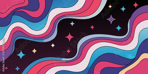 Retro psychedelic wave pattern with glowing stars on black background psychedelic colorful illustration background wallpaper astronomy stylized abstract movement aesthetic creative