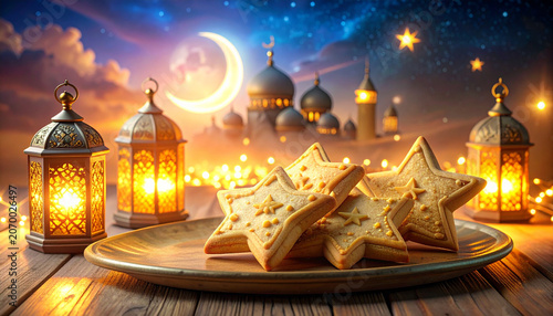 Star shaped cookies and lanterns with mosque background for Ramadan