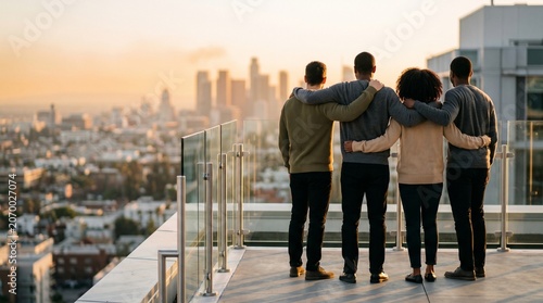 Diverse team colleagues cheering with arms around shoulders looking at city skyline sunset rooftop terrace