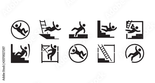 Konstfotografi Set of fall hazard safety pictograms depicting various scenarios of slipping tripping and accidents