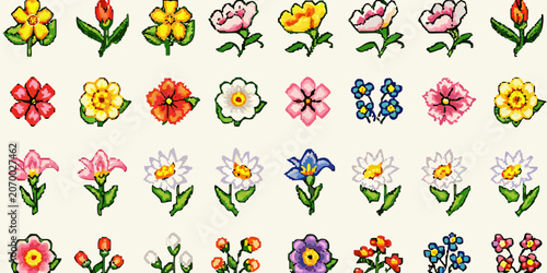 Floral Ornament Collection Pixelated Cross Stitch Style