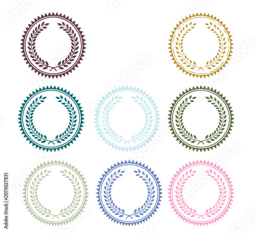 A vibrant collection of nine diverse laurel wreath emblems in various hues, perfect for awards, seals, and decorative design elements, symbolizing achievement and recognition