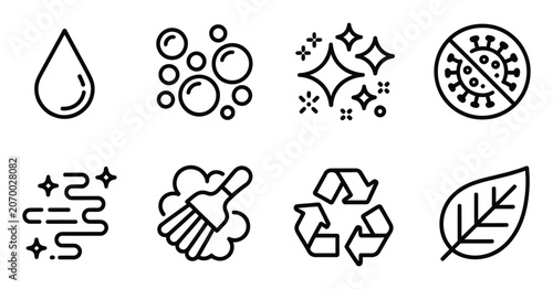 Tableau sur toile Cleaning concepts and symbols for hygiene, water bubbles sparkle effects, eco friendly anti virus and recycle icons, sanitation and freshness elements, vector illustration eps 10