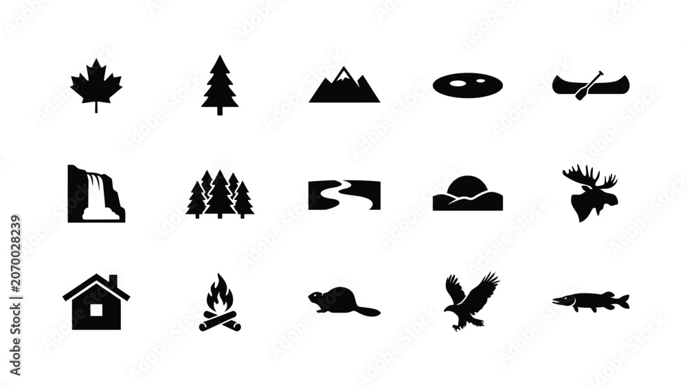 Obraz premium Canadian wilderness and nature icons showing forest landscape mountain animal silhouette set.