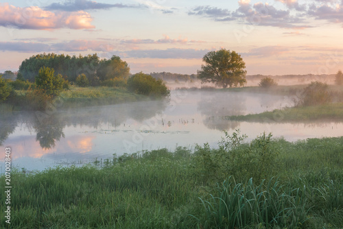serene sunrise over a misty river. Soft pink clouds reflect in the calm water, while lush green grass and silhouetted trees create a peaceful, atmospheric landscape.