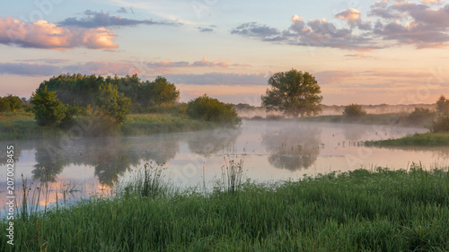 Tablou pe pânză A peaceful river flows through a green meadow at sunrise, with morning mist hove