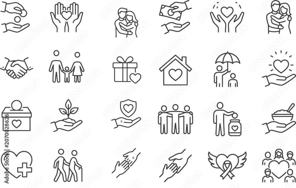 Fototapeta premium A comprehensive collection of line art icons representing charity, community support, human care, philanthropy, love, and various social welfare concepts