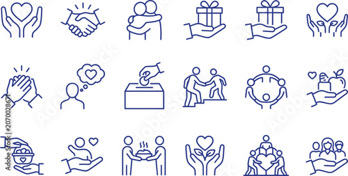 Photos A collection of fifteen blue line art icons representing charity, community support, kindness, humanitarian aid, and various acts of love