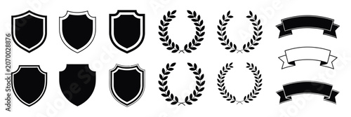 Tableau sur toile Shield icons, laurel wreath symbols, ribbon badges, heraldic logo elements, award emblems, vector illustration design