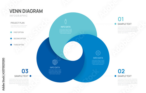 Venn diagram infographic chart template for business 3 parts options, presentation with venn diagram elements vector illustration.