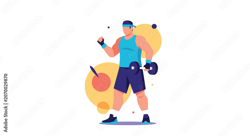 Obraz premium Strong male bodybuilder in athletic wear confidently lifts a heavy dumbbell against a modern background of colorful geometric circles.