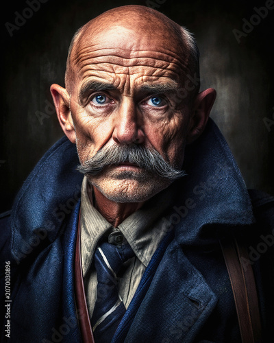 Portrait shot of old gentleman with mustache in 19th century style outfit. Ai Generative