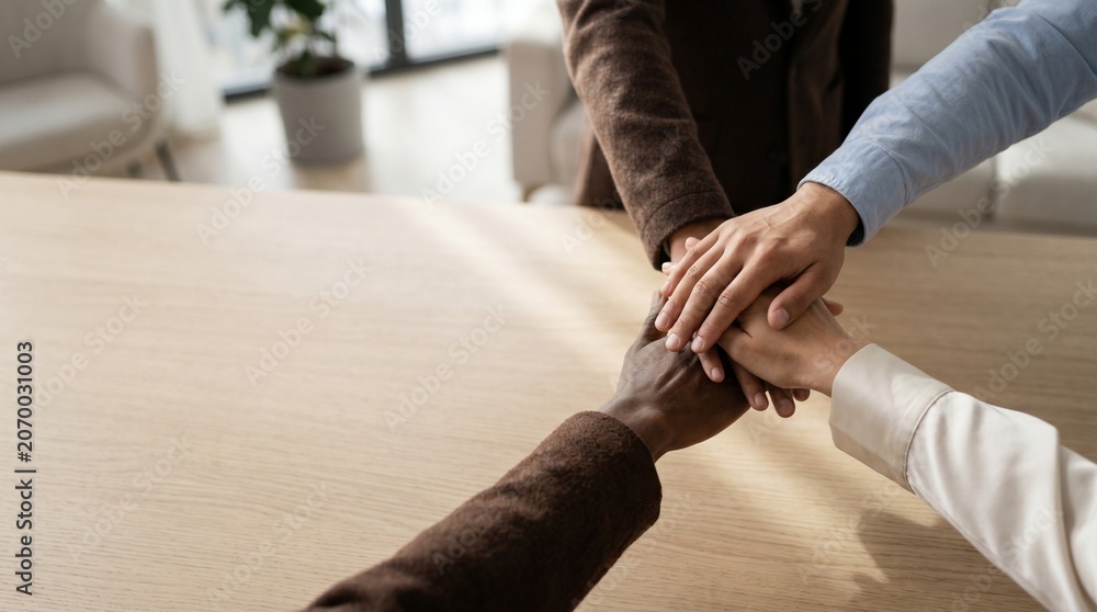 Fototapeta premium Diverse team hands stacked in unity gesture over minimalist oak table with smartphone
