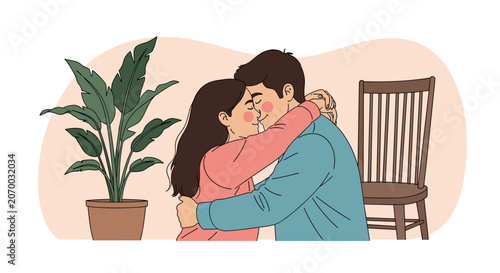 Young loving couple embracing each other affectionately in a cozy home setting with plants and furniture for a relaxed vibe.