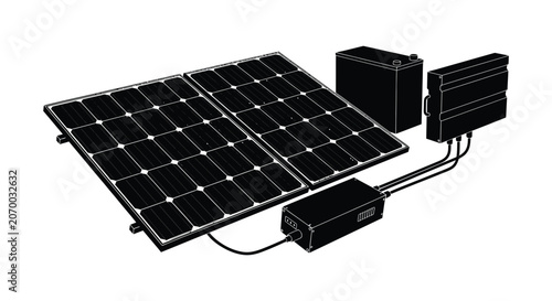 Solar panels with battery storage and inverter black silhouette