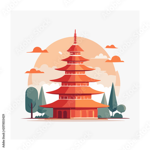 Flat Design Illustration of a Red Pagoda with Sun and Clouds