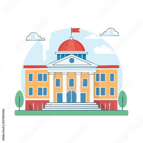 Flat illustration of a government building with dome and flag