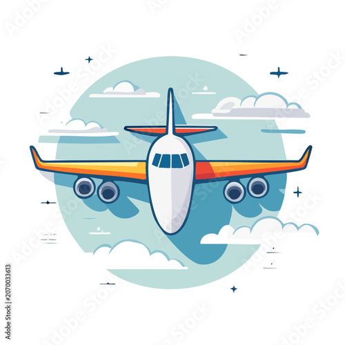 Front view of a flat design airplane in the sky