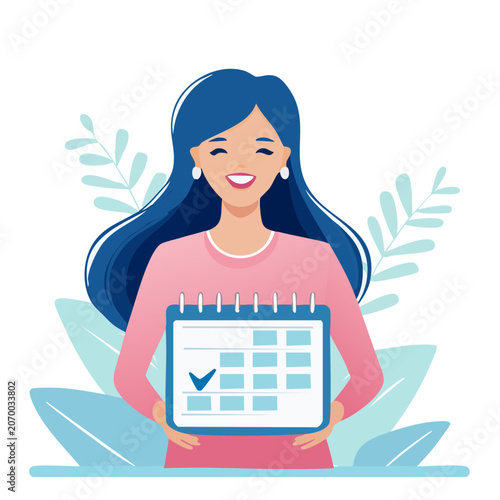 Woman holding calendar with checkmark in flat style
