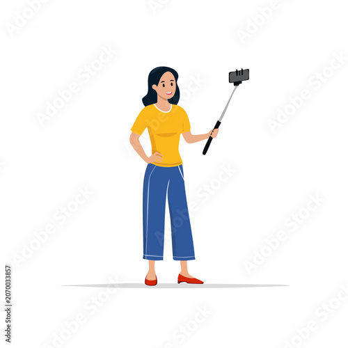 Woman taking selfie with smartphone on selfie stick