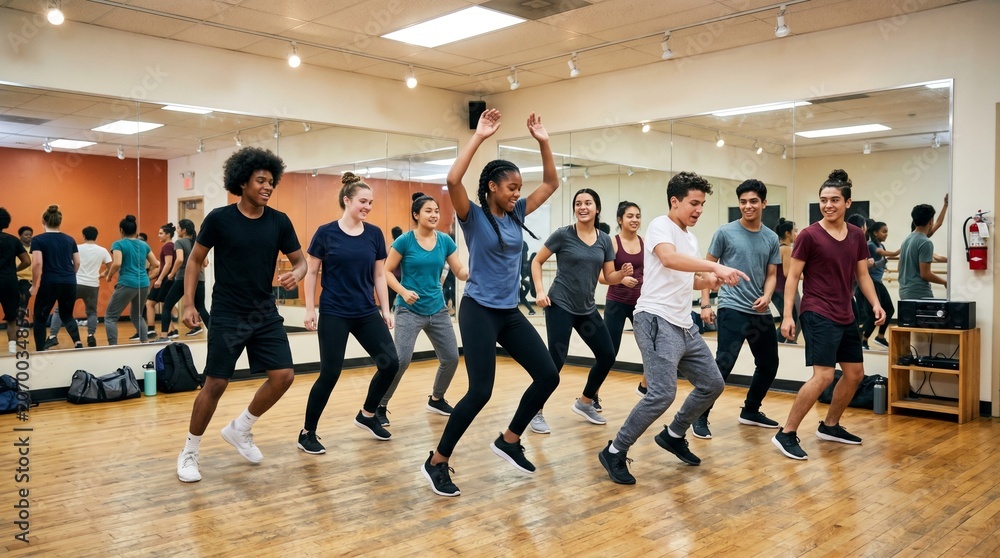 Fototapeta premium Diverse students dancing collaboratively in modern dance studio with mirrors.