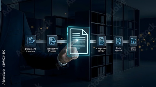 Businessman's hand interacting with a glowing digital workflow for secure document creation, verification, compliance, and digital archiving