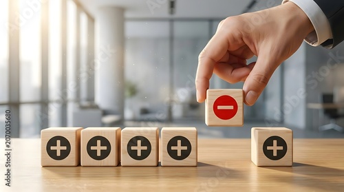 Businessman's hand selecting a wooden cube with a minus sign, opposing multiple cubes with plus signs on a table