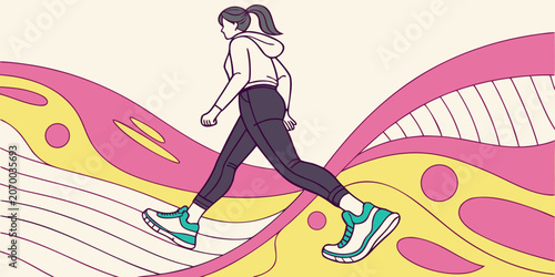 Active woman walking in sportswear illustration with wavy abstract background and geometric elements exercise lifestyle training sneakers illustration abstract geometry movement wellness