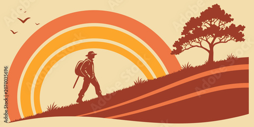 Hiker walking uphill towards a lone tree at golden hour illustration with trekking adventure mountains backpack outdoors landscape climbing exercise silhouette illustration exploration